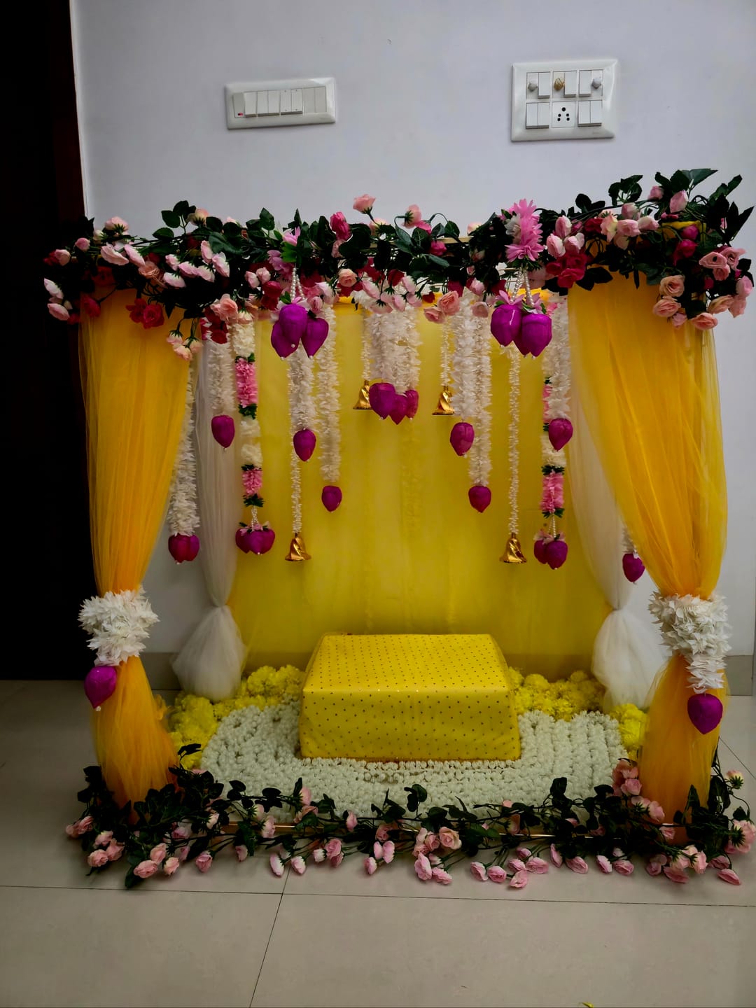 Customer photo review of Pooja Mandir Mandap Backdrop stand for Diwali , Navratri , Ganesh Chaturthi , Varalaxmi or Festivals decoration 🔥 (3*3 ft, video attached 📷)