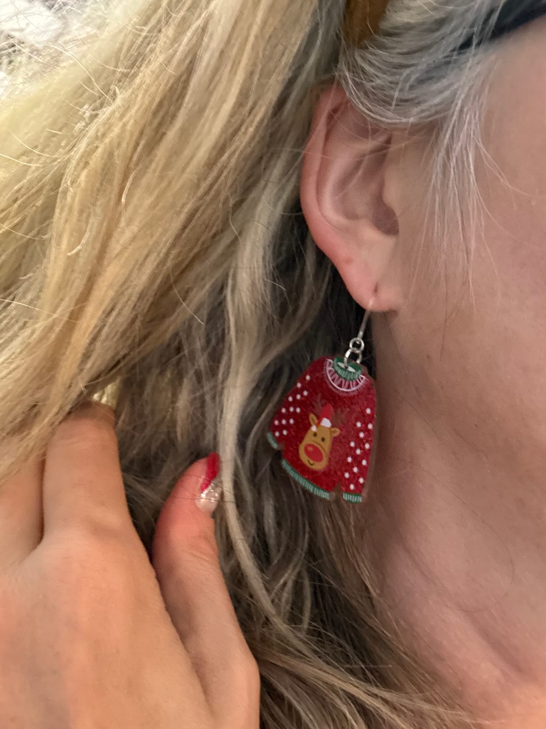 Customer photo review of Glittery Christmas Sweater Dangles Hypoallergenic Earrings for Sensitive Ears Made with Plastic Posts