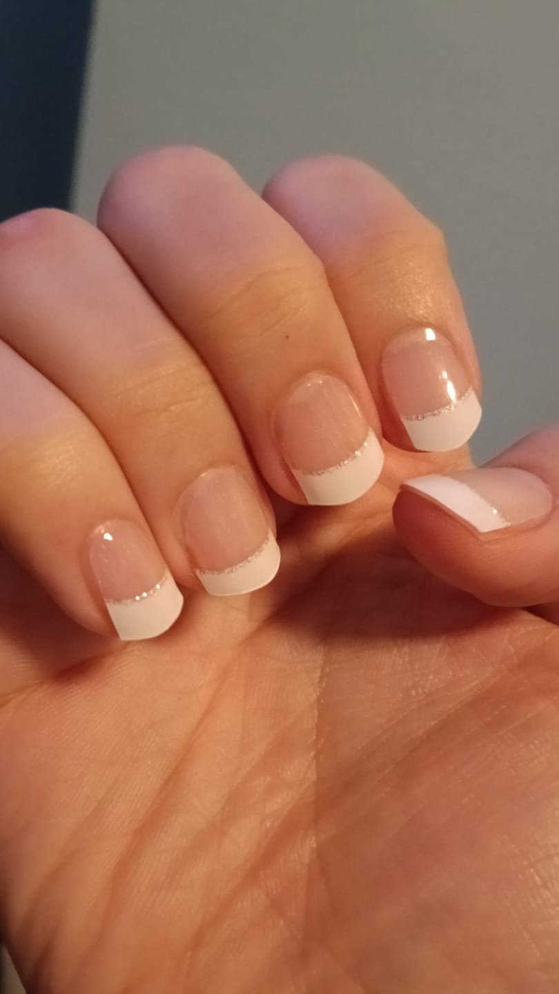 Customer photo review of White French Tip Glitter DIY Semicured Gel Nail Sticker Kit