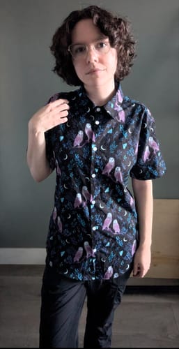 Customer photo review of Episodic Owl Floral Button Up Shirt