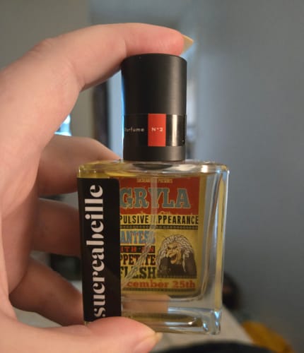 A reviewer's hand holding a square glass bottle of Gryla perfume.