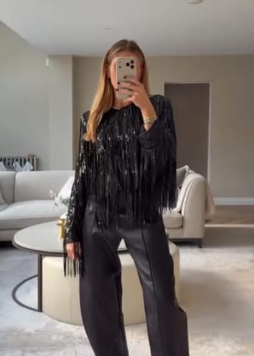Customer photo review of Party Crasher Layered Sequined Tassels Long Sleeve Loose Jacket