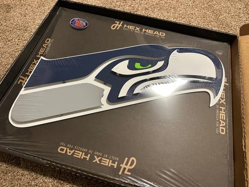Customer's Seattle Seahawks Mascot 3D Vintage Metal Wall Art still in its original branded Hex Head packaging.