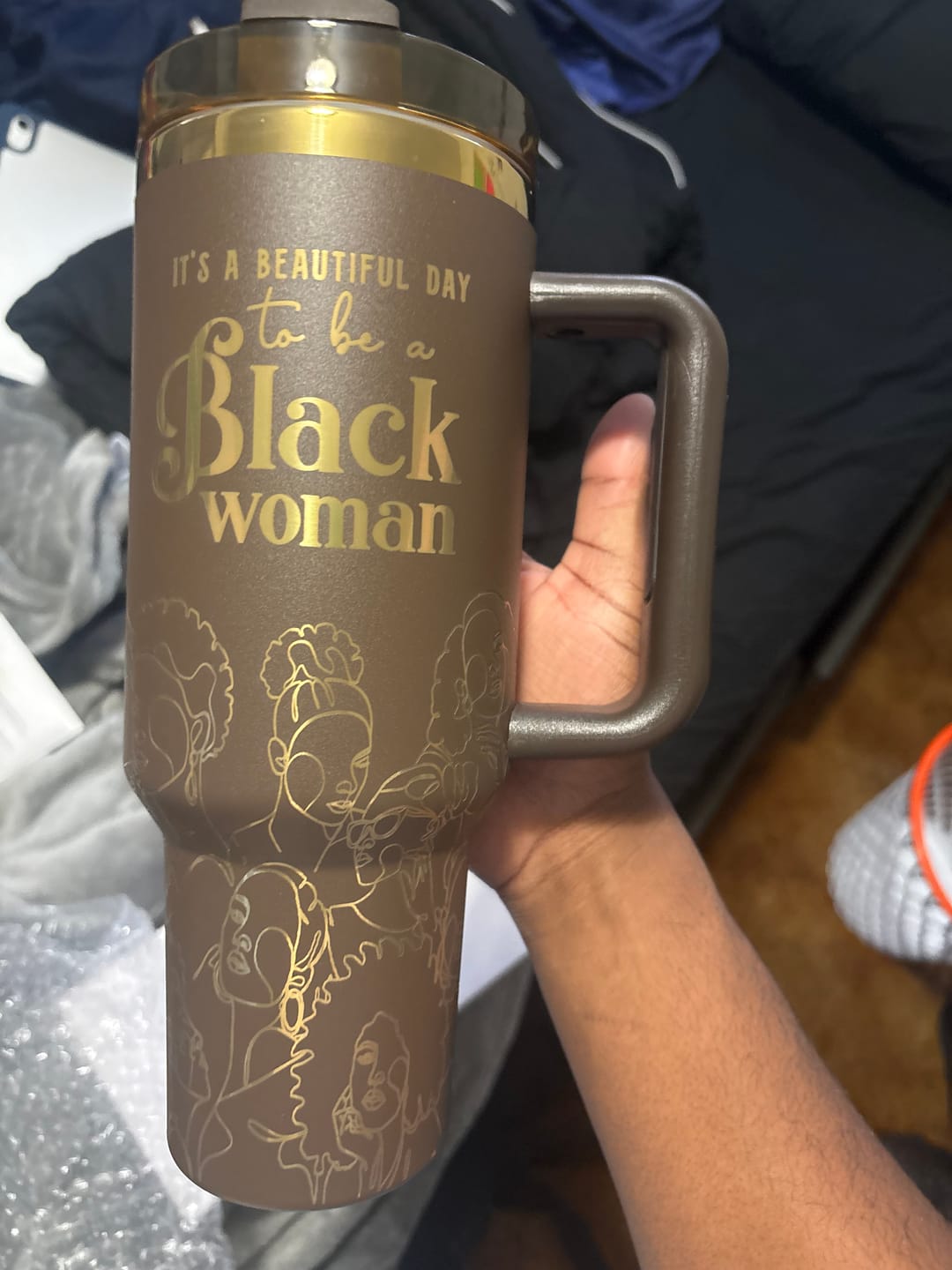 Customer photo review of Brown Sugar (4th Anniversary) 40oz Insulated Tumbler – "It's a Beautiful Day to be a Black Woman"