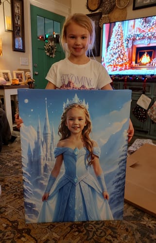 Customer holding a large canvas showing their personalized 'The Ice Princess' portrait.