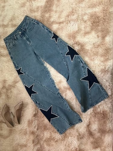 Customer photo review of Jessy Denim Mid Rise Side Star Pattern Pocket Wide Leg Jeans (Shipped Within 24 Hours)