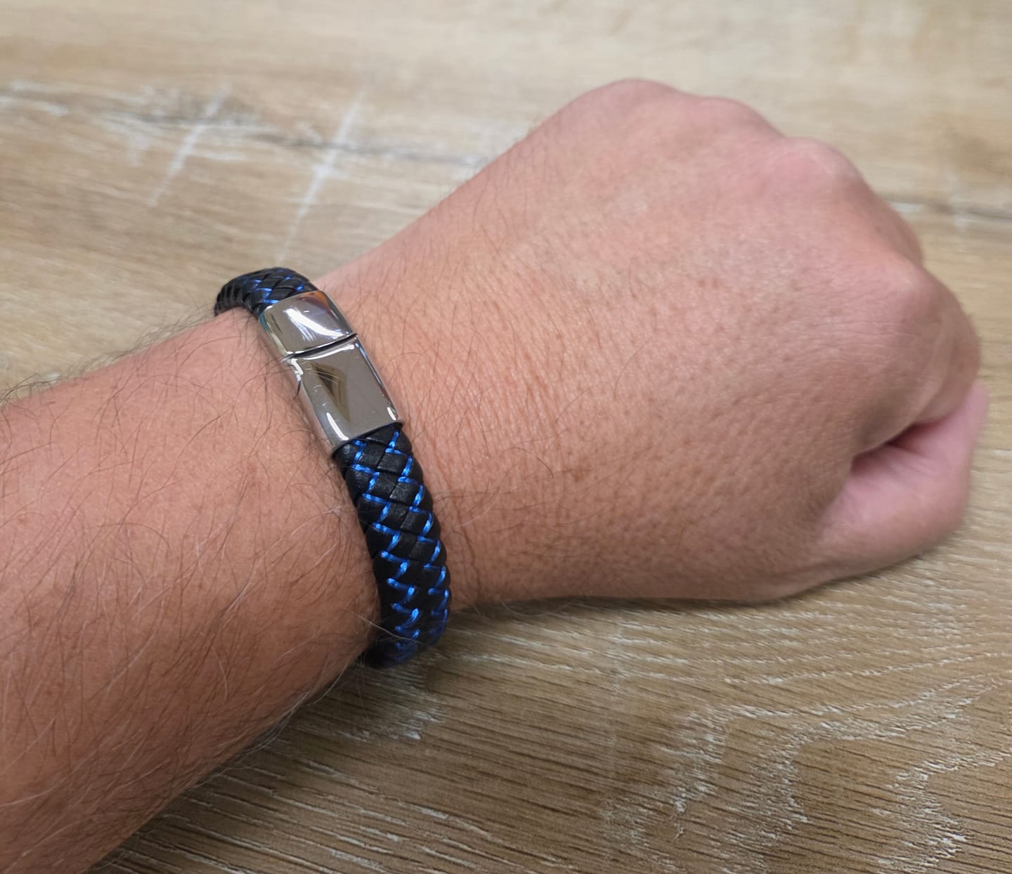 Customer photo review of Black & Blue Personalised Braided Leather Bracelet for Men