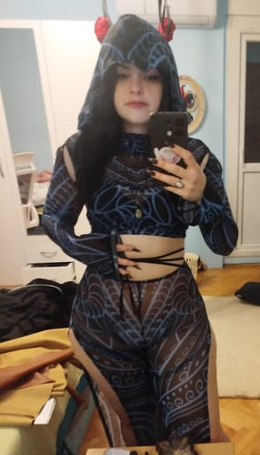Customer photo review of Blue Occult Hooded Mesh Top