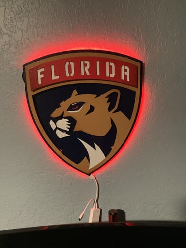Customer's Florida Panthers wall art glowing with red LED lights on a wall.