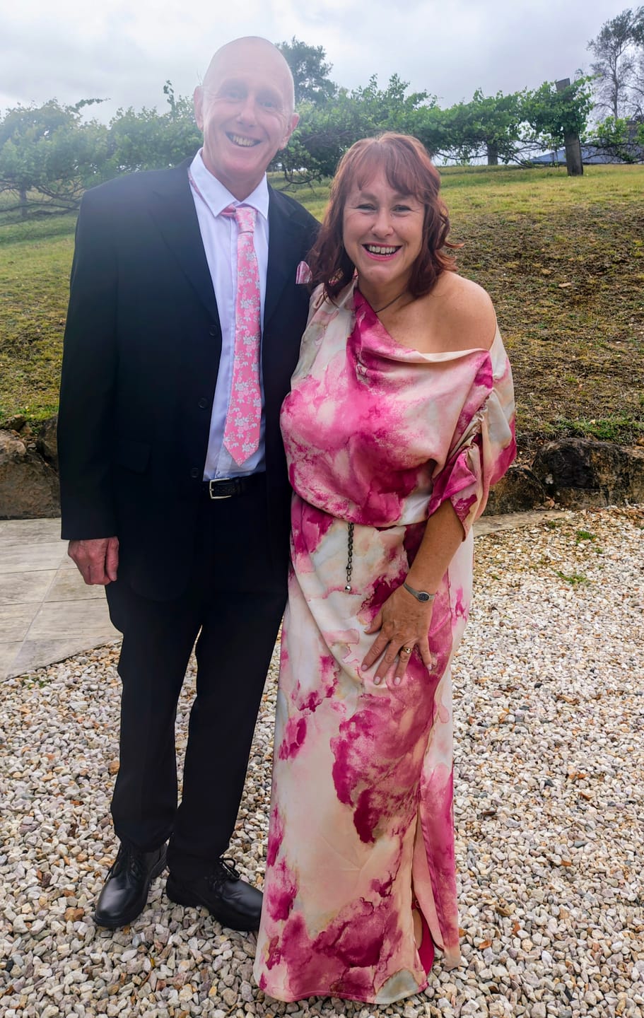Customer photo review of Sarita Maxi Off Shoulder Dress in Magenta Watercolour Satin