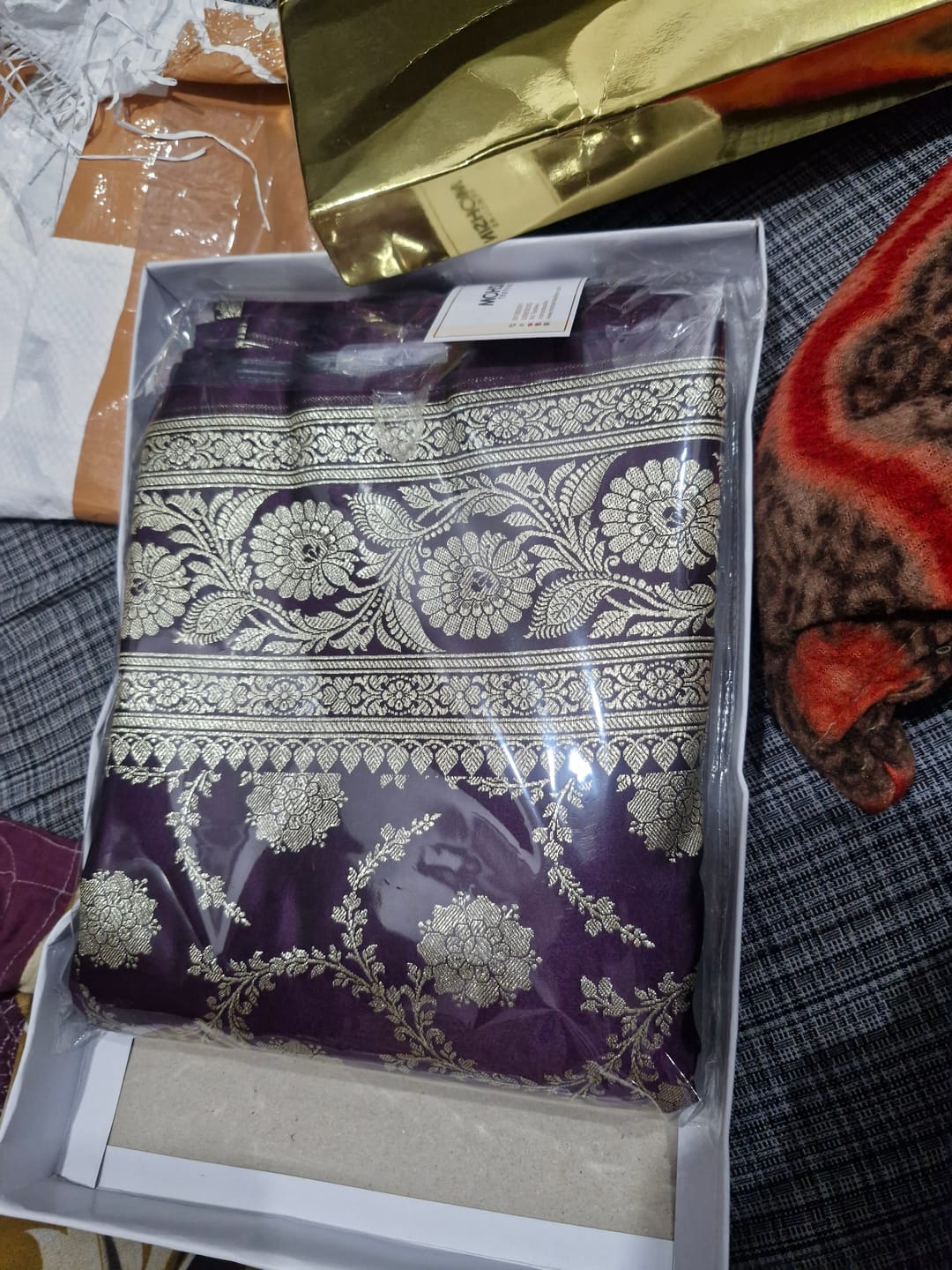 Customer photo review of Purple Murmuri Jaal Katan Silk Banarasi Saree