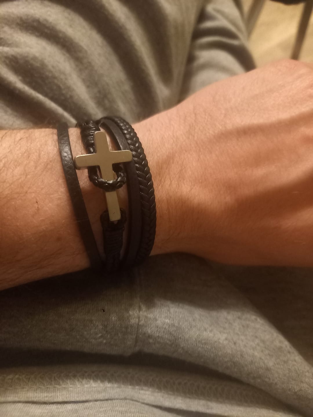 Customer photo review of Christianartworkshop Tri - Color Stainless Steel Cross & Braided Leather Fashion Bracelet