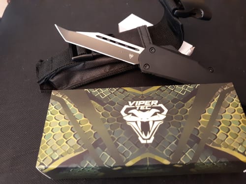 Customer's VIPER TEC GHOST OTF knife with a sharp Tanto blade, displayed with its snakeskin-pattern box and black sheath.
