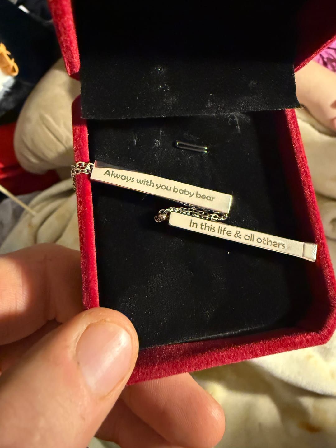 Customer photo review of Custom Text Engraved Secret Message Necklace