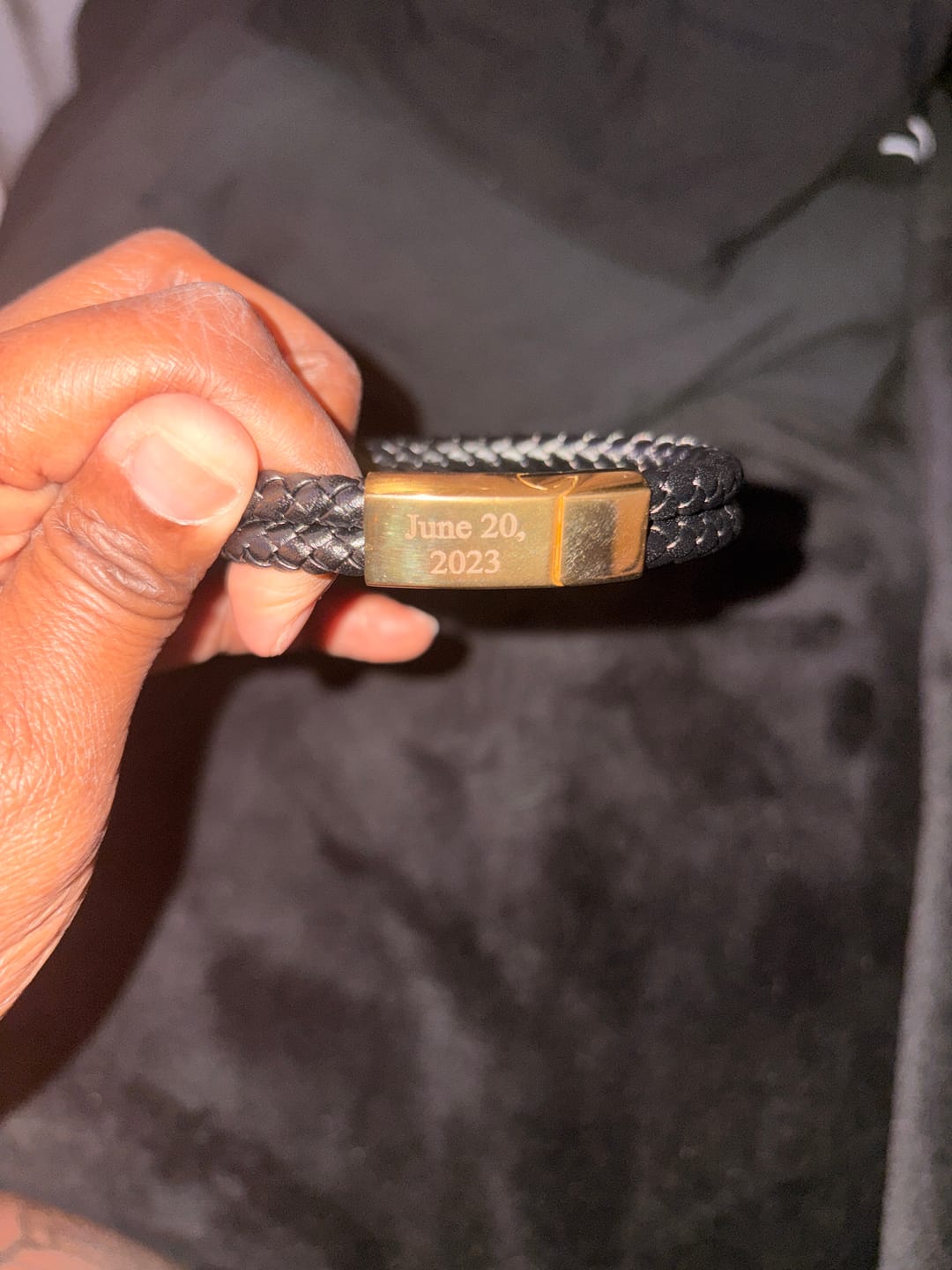 Customer photo review of Engraved Leather Bracelet