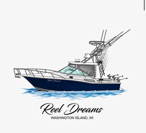Customer's custom digital artwork of their blue and white fishing boat, 'Reel Dreams,' with multiple fishing poles.