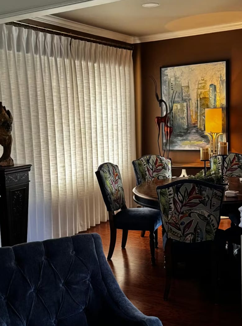 Customer photo review of Luxury Pinch Pleated Drapes | Linen Texture, Light Filtering for Living Room & Dining Rooms (Liz)