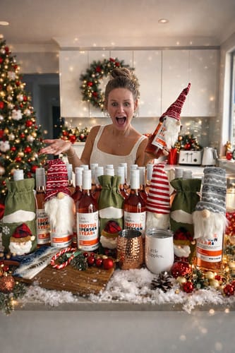 An excited reviewer presents a festive counter display of Rosé bottles decorated with Christmas gnomes.