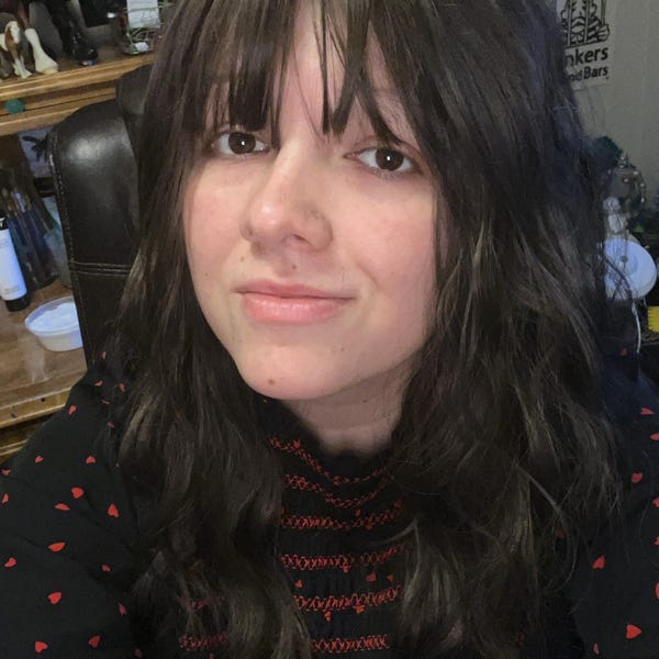 Customer photo review of Women Dark Brown, Dark Pink, Black Long Curly Fringe Bangs Choppy Wig