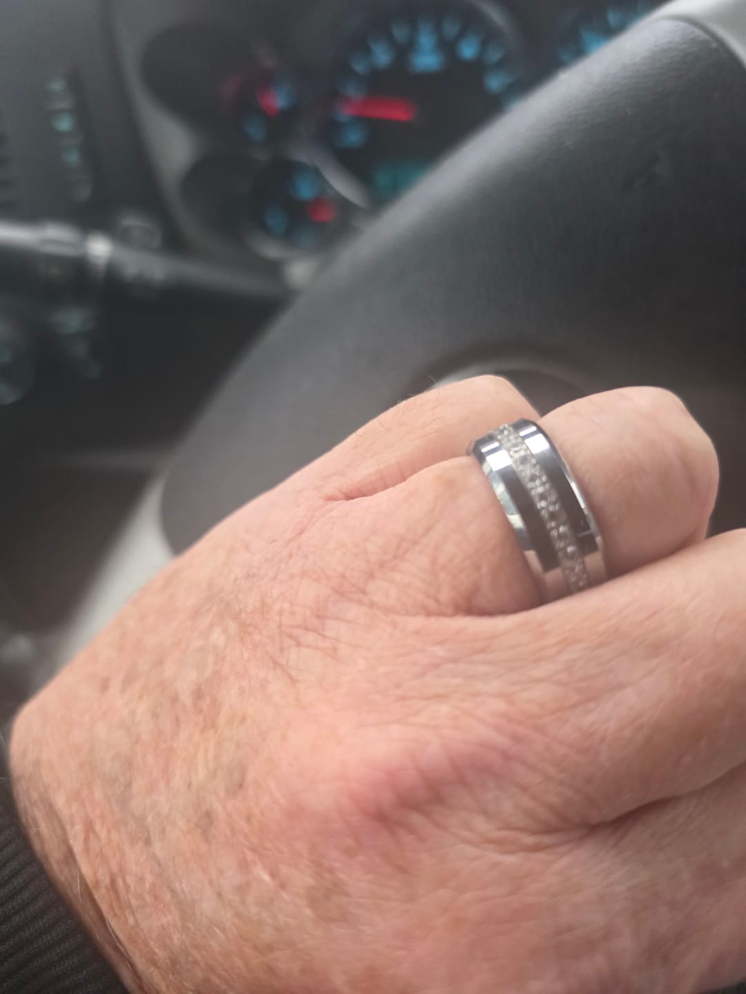 Customer photo review of 8mm - Tungsten Carbide Wedding Band Fully Stacked Cubic Zircon Beveled Edge Comfort Fit