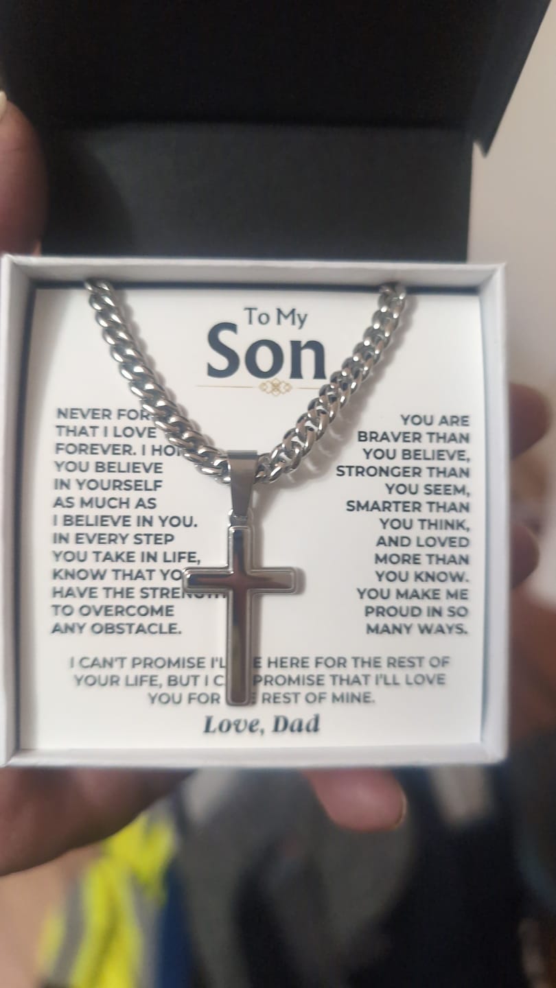 Customer photo review of To My Son - Love Dad - Artisan Cross on Cuban Link Chain - Gift Set - SS542D
