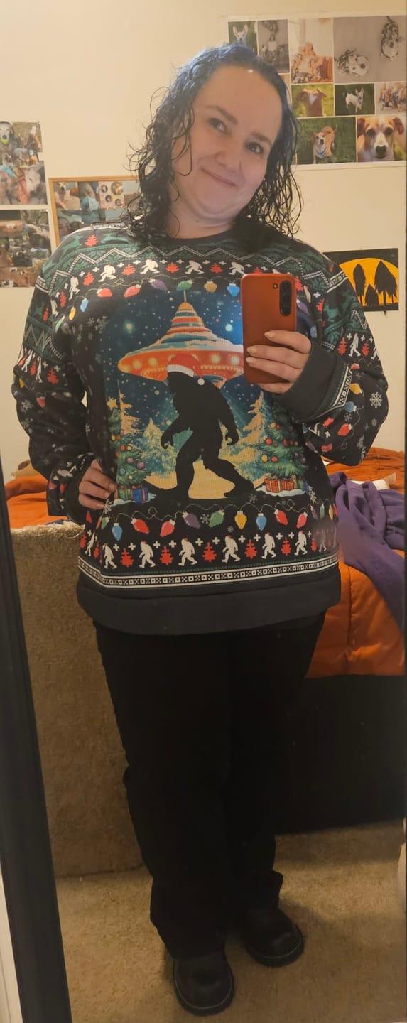 Customer photo review of Bigfoot UFO Christmas Night Ugly Sweater