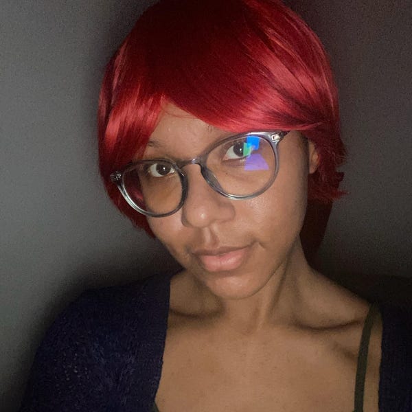 Customer photo review of Men Unisex Red Short Straight Long Fringe Bangs Cosplay Wig