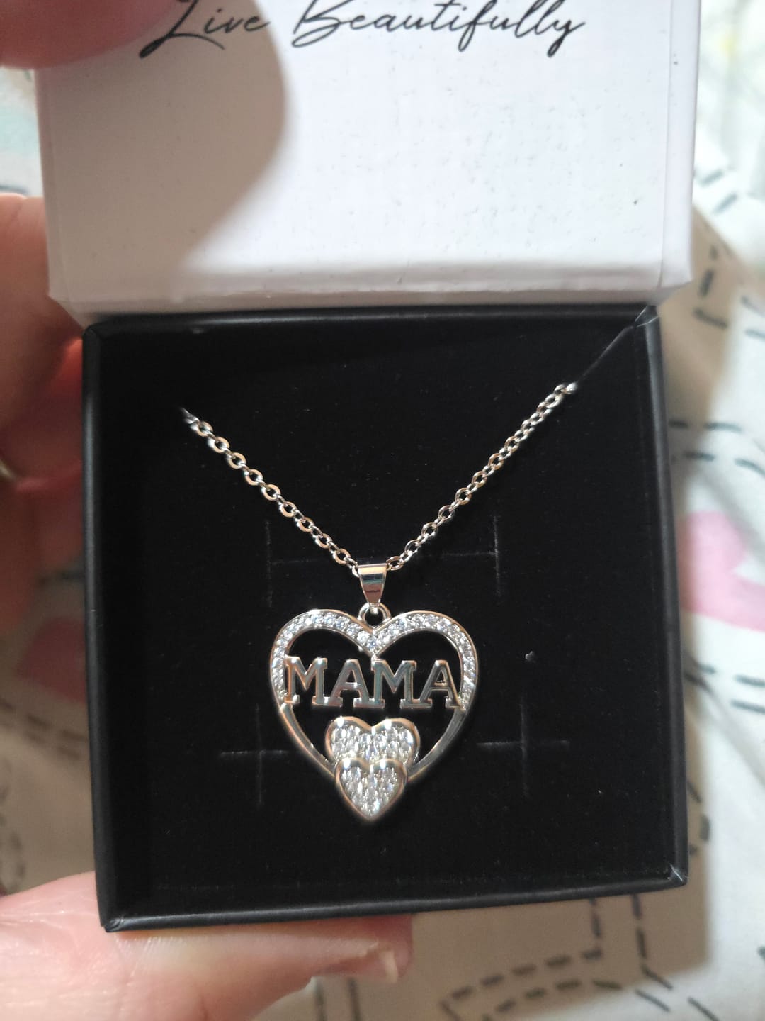 Customer photo review of Selena 18k White Gold Plated Mama Heart Pendant Necklace with Simulated Diamond Crystals