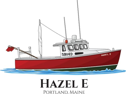 Customer's custom digital artwork of a red and white lobster boat, the 'Hazel E' of Portland, Maine.