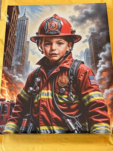Customer's 'The Firefighter Hero' portrait showing a young boy in a detailed red firefighter uniform with a city scene behind him.
