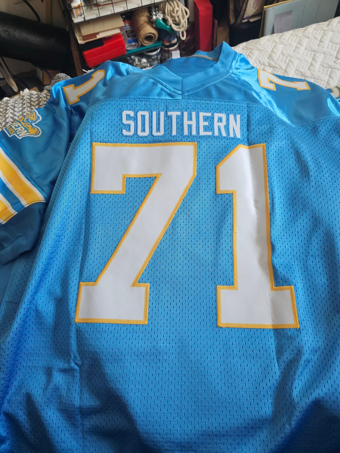 Customer photo review of Custom Powder Blue White-Gold Personalized Classic Mesh Authentic Football Jersey
