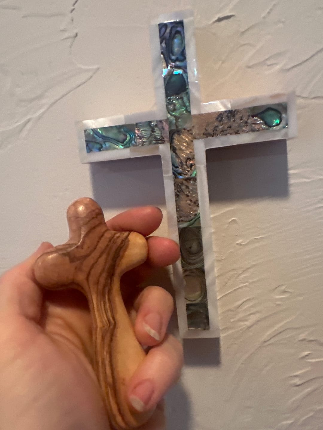 Customer photo review of Olive Wood Comfort Cross (Handheld)