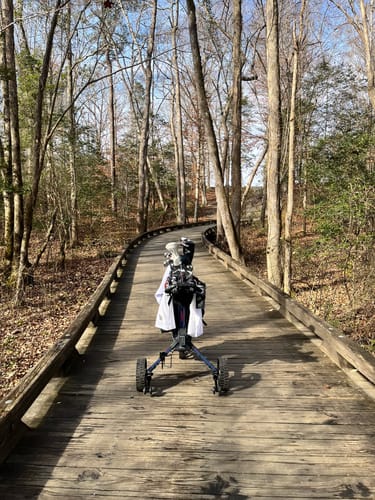 Customer's Cybercart with a golf bag on a wooden boardwalk path through a sunlit forest.