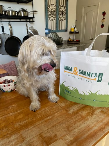 Customer's shaggy dog licking its lips, sitting on a wooden table next to the promotional Tote Bag.