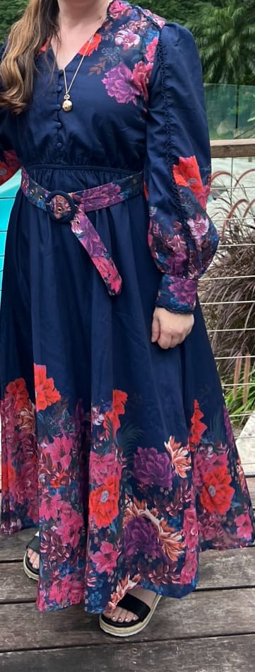 Customer photo review of Ellen Midi Shirt Dress in Navy with Multi Placement Satin