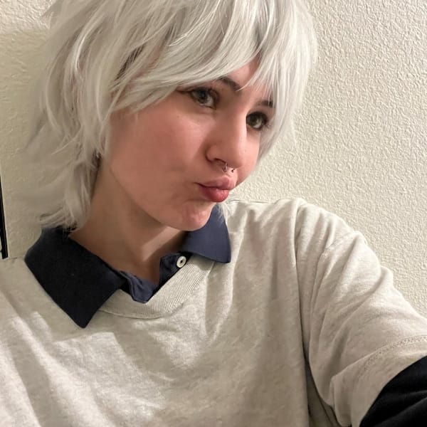 Customer photo review of Men Silver Gray Short Straight Fringe Bangs Cosplay Wig