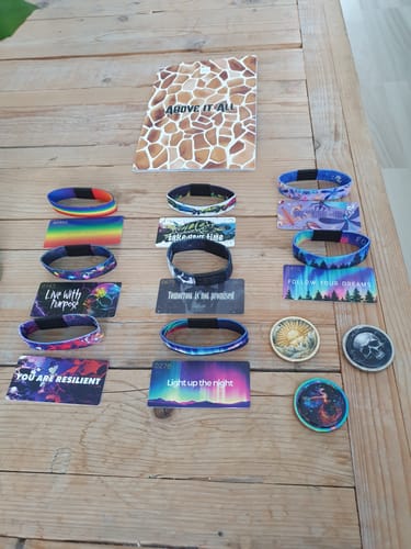 Reviewer's September 2025 Booklet displayed on a wooden table with a collection of colorful wristbands, cards, and patches.