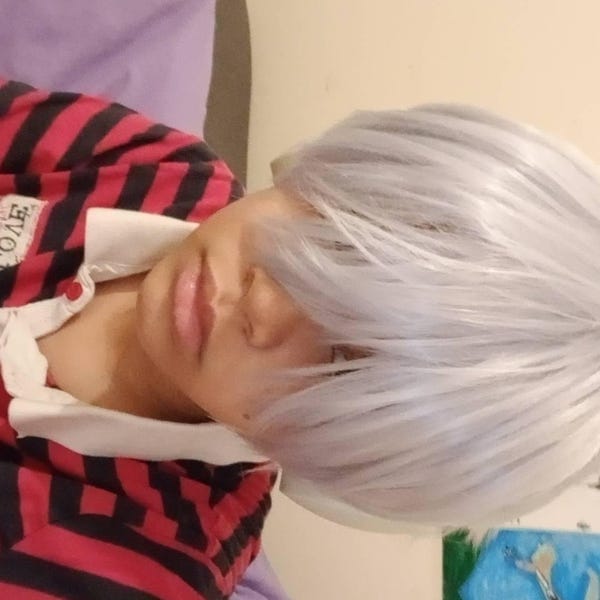 Customer photo review of Men Gray Short Straight Fringe Bangs Cosplay Wig