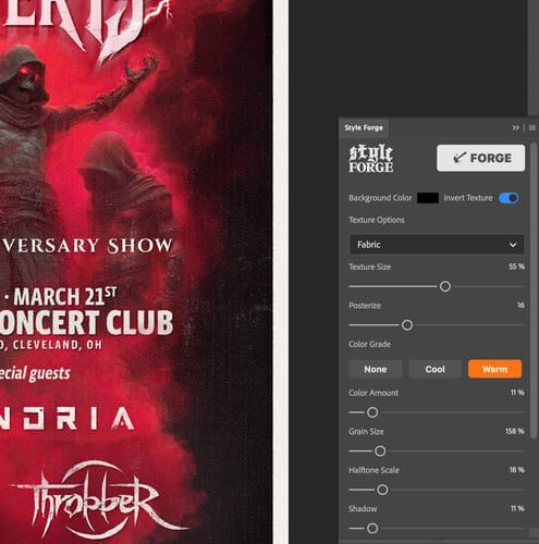 Reviewer's screenshot of the Style Forge plugin applying a vintage texture to a red concert poster design in Photoshop.