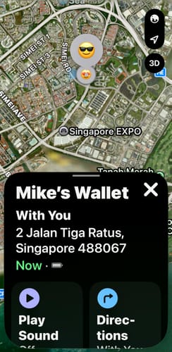 Customer's screenshot of the Find My app, showing the location and battery status of their SPOTMINDERS. Tracking Card.