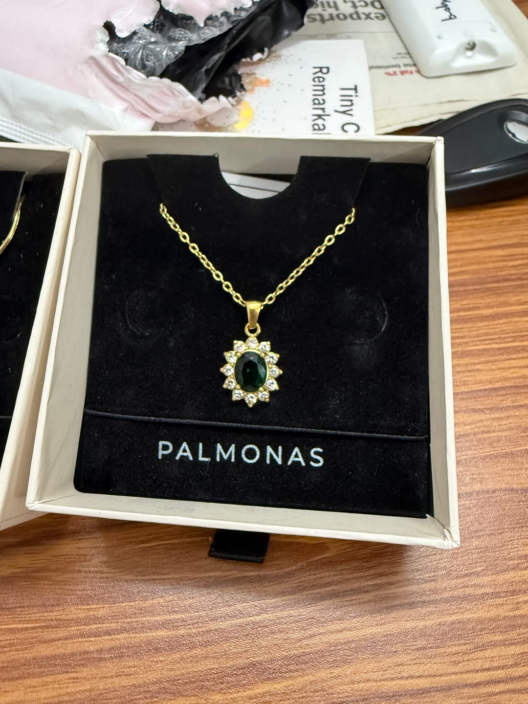Customer photo review of Green Sapphire and Diamond Halo Pendant
