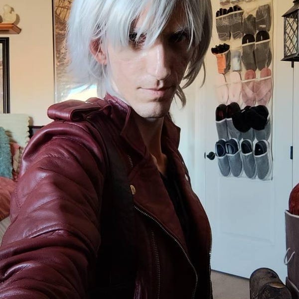 Customer photo review of Men Silver Gray Short Straight Fringe Bangs Cosplay Wig