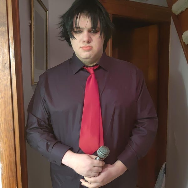 Customer photo review of Men Black Short Straight Long Bangs Middle Part Cosplay Wig