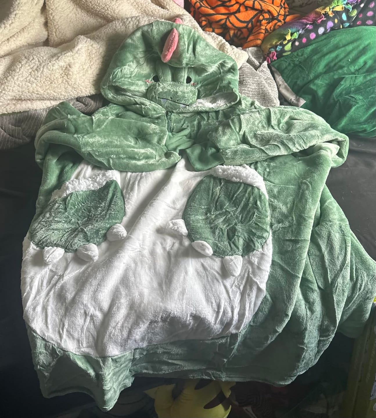 Customer photo review of OLAOLA Dinosaur Wearable Blanket Hoodie Animals Onesie Oversized Soft Homewear With Giant Pocket For Adult