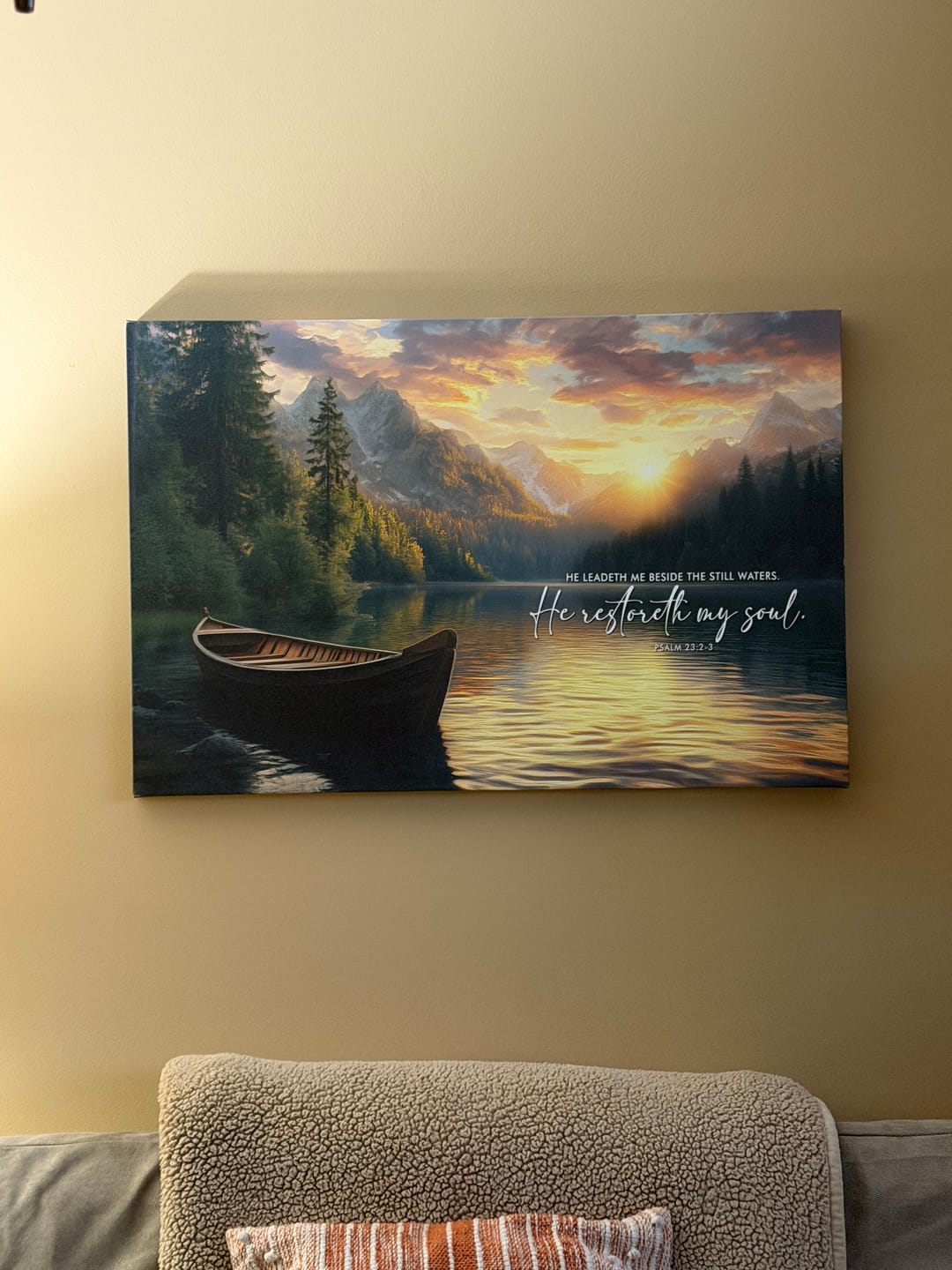 Customer photo review of He Leadeth Me Beside The Still Waters Psalm 23:2-3 Bible Verse Wall Art Canvas