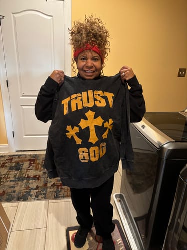 Customer photo review of TRUST GOD Stone Wash Hoody