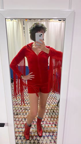 Customer photo review of Cherry Bomb Fringe Romper