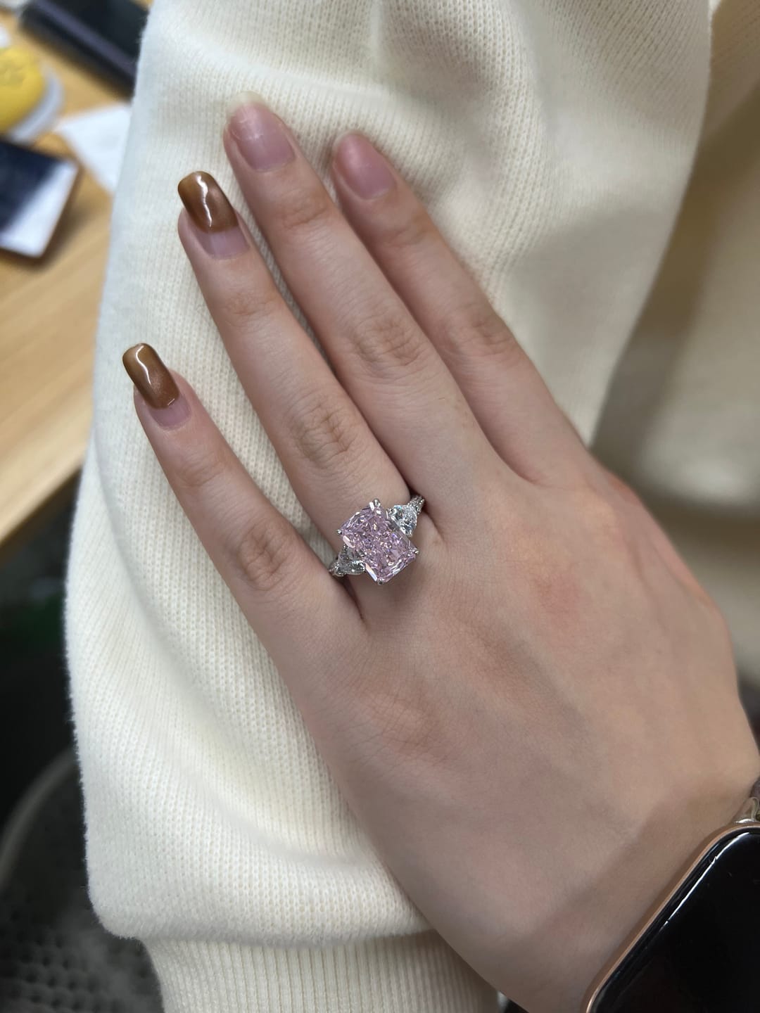 Customer photo review of S925 5.0Ct Pink/White Stone Radiant Cut Three Stone Engagement Ring Anniversary Ring For Women