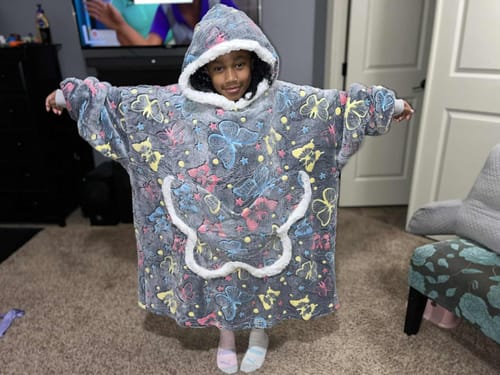 Customer photo review of OLAOLA Printed Butterfly Luminous Glow In The Dark Wearable Hoodie Animals Onesie Oversized Soft Homewear For Adult