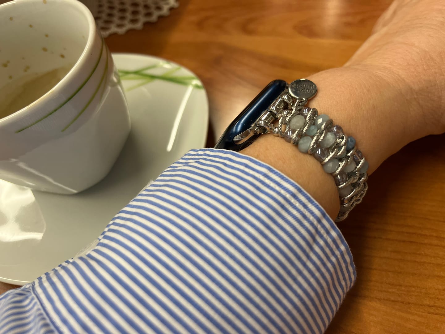 Customer photo review of Aquamarine Sapphire Braided Apple Watch Strap